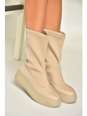 Fox Shoes T811230904 Bej Kumaş Kalın Tabanlı Kadın Bot