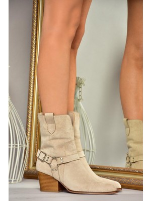 Fox Shoes T296094002 Bej Süet Kovboy Model Kalın Tabanlı Kadın Bot