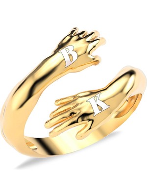 Harfli Kişiye Özel Sarılan Eller Altın Kaplama Gümüş Yüzük