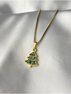 Süslenmiş Yılbaşı Ağacı Mineli Gold Kaplama Kolye