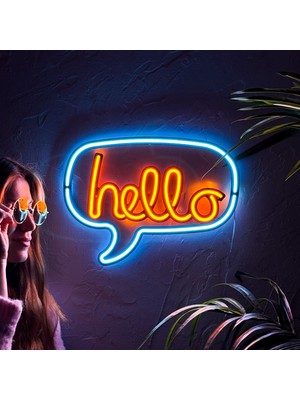 Tol Camp Hello Neon Duvar Dekoru (Tabelası) - Şık Metal Üzerine Neon (Led Işık) Duvar Süsü | 40 cm x 30 cm