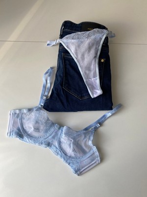 Caelia Design Kadın Buz Mavisi Çiçek Nakışlı Dantelli Bralet Çeyizlik Alt Üst Sütyen Külot Takımı