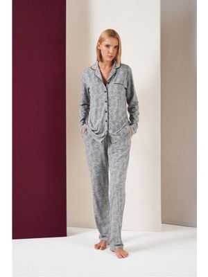 Pjs Kadın Düğmeli Yıldız Desenli Uzun Kol Pijama Takım