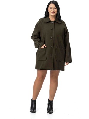 Disentis Modest Büyük Beden Gömlek Yaka Reglan Kollu Torba Cepli Astarsız Kaşe Kısa Haki Kaban