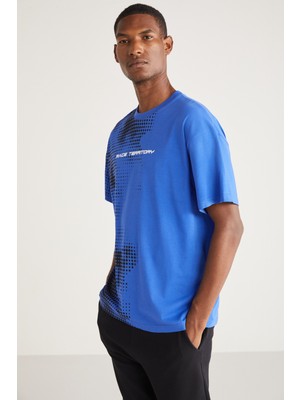 Burton Erkek Oversize Fit %100 Pamuk Kalın Dokulu Baskılı Saks Mavi T-Shirt