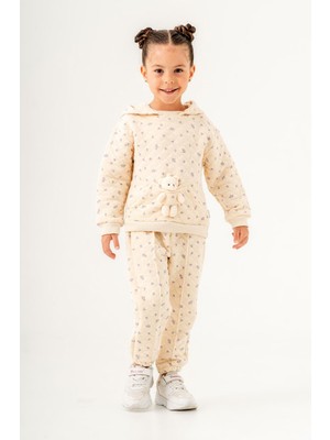 Magu Kışlık Pamuklu Ayıcıklı Kapüşonlu Sweatshirt Eşofman Alt-Üst Takım Kız Çocuk