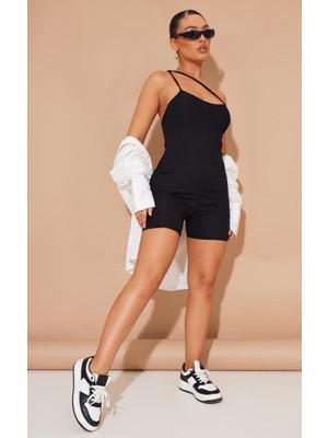 İnci Trend Kadın Asimetrik Askılı Mini Kaşkorse Bodycon Tulum