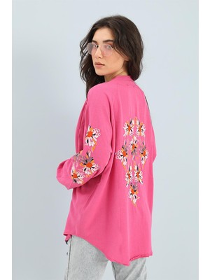 Kimono Reglan Kol Nakışlı Keten - Fuşya