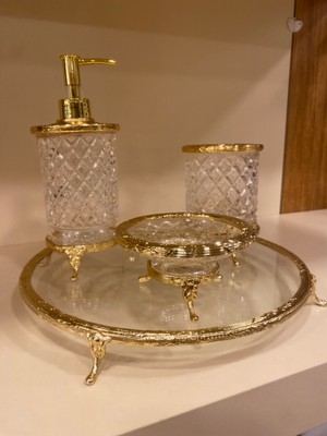 Plus Home Banyo Seti 4 Parça Döküm Pirinç Kesme Cam Altın