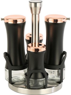 Döner Standlı Salata Sosu Seti Tuzluk Biberlik Yağdanlık Rose Siyah