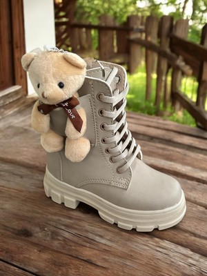 Romex Ayıcıklı Soğuk Geçirmez Kaymaz Taban Kız Çocuk Bot, Fermuarlı Kız Çocuk Krem Bot, Bej Çocuk Bot