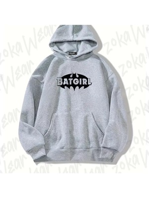 Zoka Wear Gri Batgirl Logo Tasarım Baskılı Kapşonlu Sweatshirt