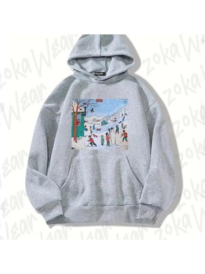 Zoka Wear Gri Winter Ilkokul Kış Tasarım Baskılı Kapşonlu Sweatshirt