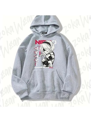 Zoka Wear Gri Nier Automata 2b Tshirt Mask Hoodie Tasarım Baskılı Kapşonlu Sweatshirt