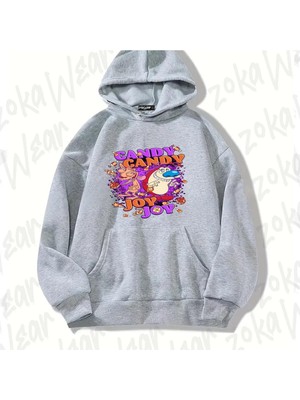 Zoka Wear Gri Ren And Stimpy Halloween Candy Tasarım Baskılı Kapşonlu Sweatshirt