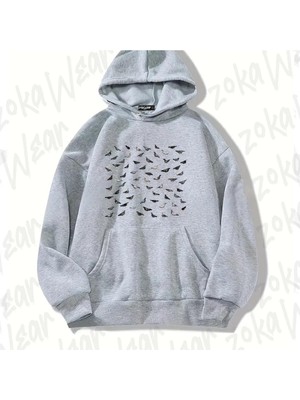 Zoka Wear Gri Pigeons Doing Pigeon Things Tasarım Baskılı Kapşonlu Sweatshirt