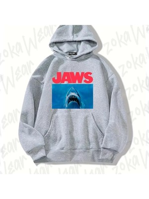 Zoka Wear Gri Jaws Classic Tasarım Baskılı Kapşonlu Sweatshirt