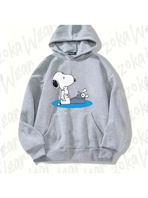 Zoka Wear Gri Snoopy Ön 9 Tasarım Baskılı Kapşonlu Sweatshirt