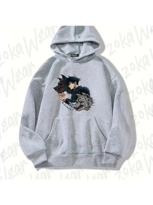 Zoka Wear Gri Jujutsu Kaisen Megumi Fushiguro Tasarım Baskılı Kapşonlu Sweatshirt