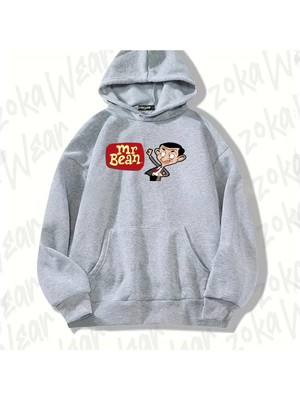 Zoka Wear Gri Mr. Bean B Tasarım Baskılı Kapşonlu Sweatshirt