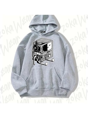 Zoka Wear Gri Bmo   Adventure Time Inspired Art Tasarım Baskılı Kapşonlu Sweatshirt