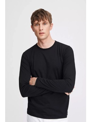 CHEISU Erkek Siyah Basic Bisiklet Yaka Uzun Kollu T-Shirt %100 Pamuk Sweatshirt