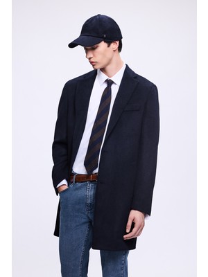 Lacivert Slim Fit Ceket Yaka Yünlü Kaşe Palto