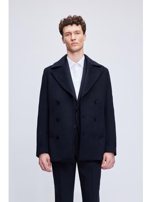Hatemoğlu Lacivert Slim Fit Düz Kürklü Kruvaze Kaşe Kaban