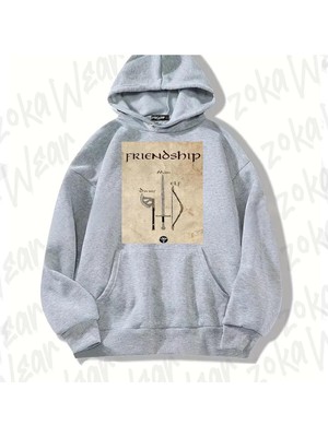 Zoka Wear Gri Lotr Friendship Tasarım Baskılı Kapşonlu Sweatshirt