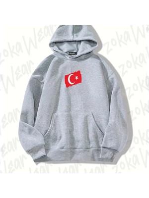 Zoka Wear Gri Dikdörtgen Türk Bayraklı Tasarım Baskılı Kapşonlu Sweatshirt