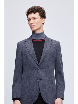 Lacivert Slim Fit Desenli Mono Yaka Klasik Ceket