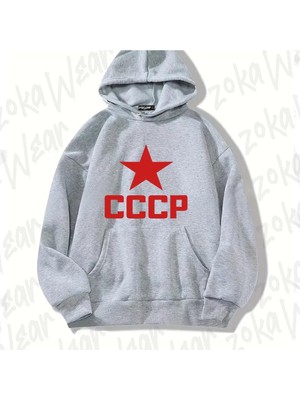 Zoka Wear Gri Red Cccp Sovyetler Birliği Tasarım Baskılı Kapşonlu Sweatshirt