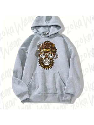 Zoka Wear Gri Robot Iskelet Tasarım Baskılı Kapşonlu Sweatshirt