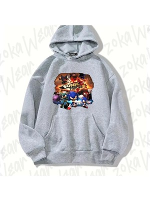 Zoka Wear Gri Sonic The Hedgehog Tasarım Baskılı Kapşonlu Sweatshirt