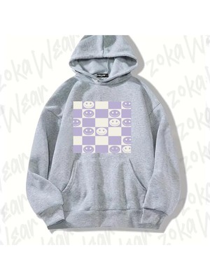 Zoka Wear Gri Lilac Smiley Check Vintage Tasarım Baskılı Kapşonlu Sweatshirt