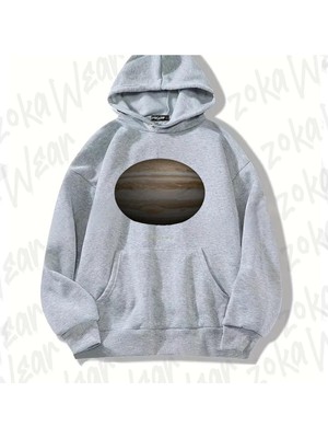 Zoka Wear Gri Jüpiter Gezegeni Tasarım Baskılı Kapşonlu Sweatshirt