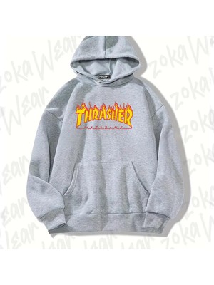 Zoka Wear Gri Thrasher Magazine Tasarım Baskılı Kapşonlu Sweatshirt