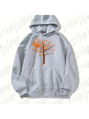 Zoka Wear Gri Tree Leaves Fox Tilki Tasarım Baskılı Kapşonlu Sweatshirt