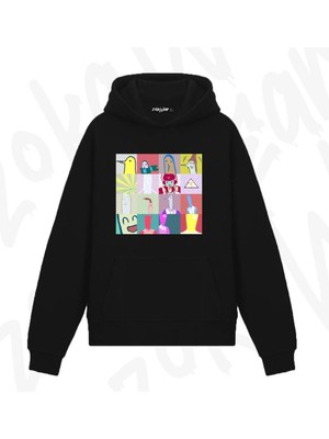 Zoka Wear Punpun Grid Print Tasarım Baskılı Kapşonlu Sweatshirt