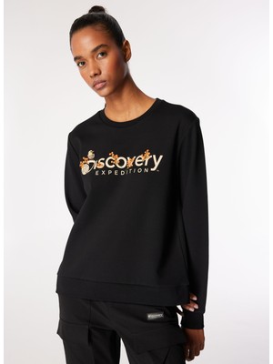 Discovery Expedition Siyah Kadın Bisiklet Yaka Relaxed Fit Baskılı Sweatshirt D4WL-SWT3034