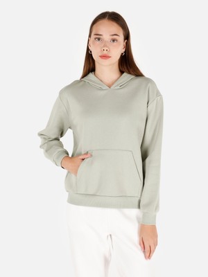 Normal Kesim Kapüşonlu Cepli Yeşil Kadın Sweatshirt CL1070188