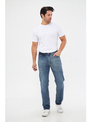Erkek Regular Fit Rahat Kesim Esnek Likralı Denim Jeans Kot Pantolon Taşlamalı Mavi