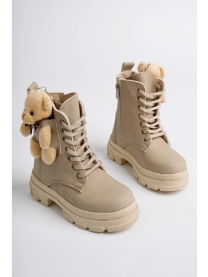 Diggo Ayıcıklı Çocuk Bot Altın - Krem Renkli Fermuarlı Yünlü Soğuğa Dayanıklı Sıcak Tutar Özellikli