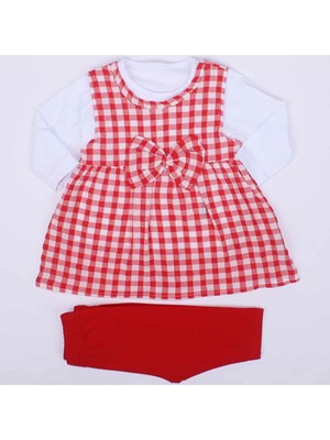 Kız Bebek Kırmızı Ekoseli Gofre 3'lü Takım
