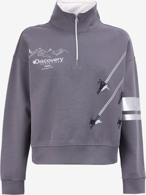 Discovery Expedition Füme Kadın Dik Yaka Crop Top Baskılı Sweatshirt D4WL-SWT3002