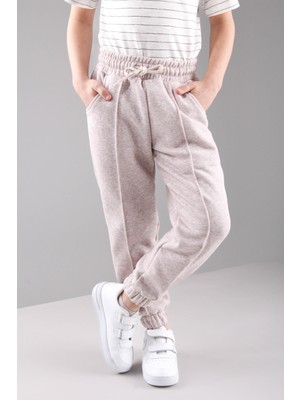 Perendi Lastikli Içi Polarlı Cepli Rahat Unisex Çocuk Eşofman Altı Bej