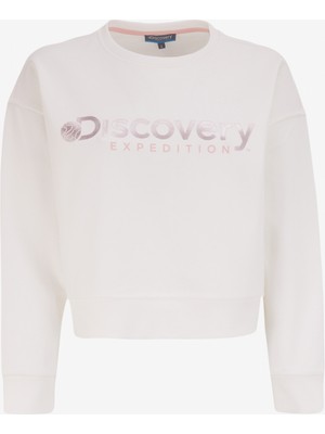 Discovery Expedition Kırık Beyaz Kadın Bisiklet Yaka Crop Baskılı Sweatshirt D4WL-SWT3010