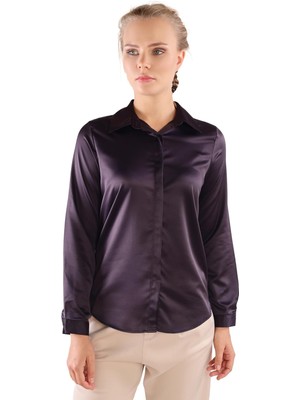 Siyah Gizli Düğmeli Saten Kadın Gömlek 4057A