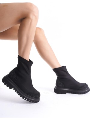 Modabuymus Kobe Siyah Taşlı Streç Dalkıç Kumaş Esnek Günlük Bot