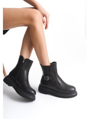 Modabuymus Remba Siyah Kalın Tabanlı Fermurlı Lastikli Tokalı Günlük Rahat Bot